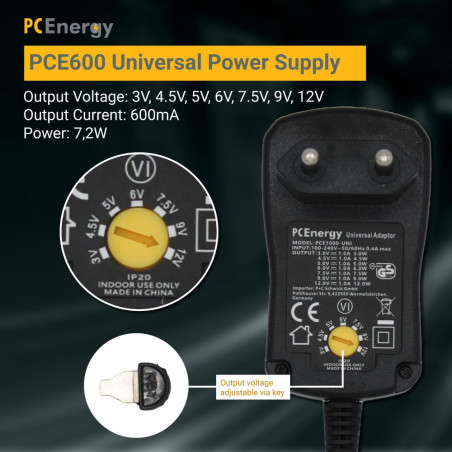 PCEnergy PCE600-UNI Voedingsadapter DC 3-12V 0,6A 7,2W