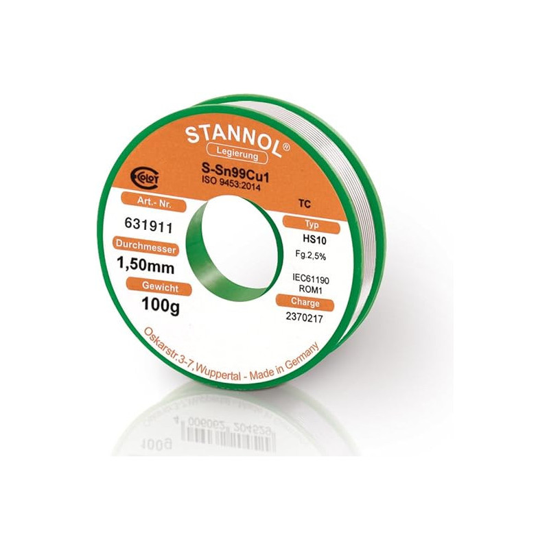 Stannol HS10 631911 soldeertin 1,5mm 100gram loodvrij Stannol HS10 631911 soldeertin 1,5mm 100gram loodvrij