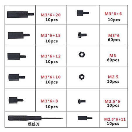 Soldeerbout-shop O472A kunststofafstandhouders, boutjes en moeren M2,5 & M3 assortiment 210-delig